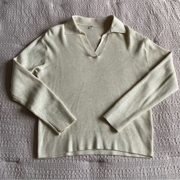 Uniqlo Washable Knit Ribbed Polo V Neck Sweater Long Sleeve Top Small Collar - Picture 3 of 14